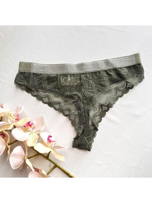 Dantelli ve Taş Süsleme Detaylı Tanga - Yeşil 38-40 B
