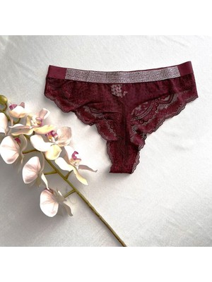 Dantelli ve Taş Süsleme Detaylı Tanga - Bordo 38-40 B