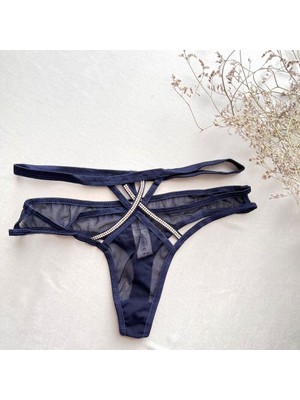 Çapraz Bantlı Taş Süslemeli Tül Tanga -Lacivert 38-40 B