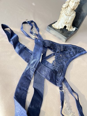 Dantelli ve Bant Detaylı Tanga - Lacivert 38-40 B