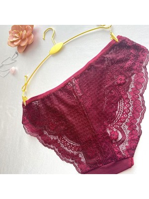 Tül ve Dantel Detaylı Bikini Külot - Bordo 38-40 B