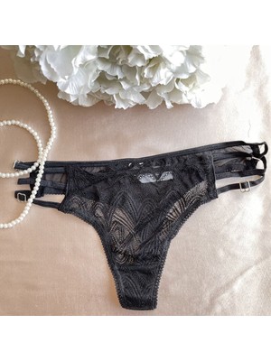 Yanları Bantlı Dantel Tanga - Siyah 38-40 B