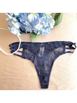 Yanları Bantlı Dantel Tanga - Lacivert 38-40 B