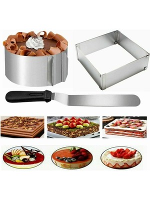 Mediterian 15cm ayarlı yuvarlak-kare çember ve eğik spatula 3'lü pasta yapım seti, paslanmaz çelik