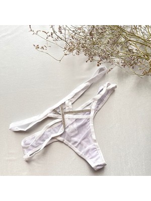 Çapraz Bantlı Taş Süslemeli Tül Tanga - Beyaz 38-40 B