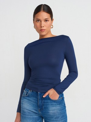 31213 Kayık Yaka Uzun Kollu Top-Lacivert