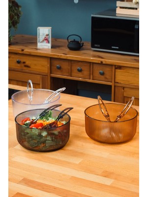 Mediterian 23 cm akrilik yuvarlak salata kasesi ve kaşıklı servis tabağı, kahverengi