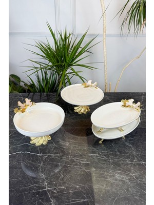 Mediterian Altın renkli 4'lü porselen kase ve tabak seti, şık sunumlar için ideal