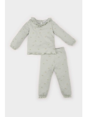 DeFacto Kız Bebek Pijama Takımı Fırfırlı Yaka Desenli Uzun Kollu Üst Beli Lastikli Alt D7164A524WN