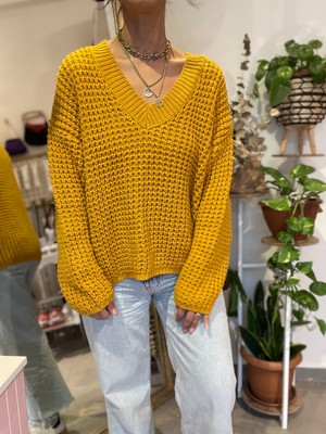 Kadın, V Yaka, Bol-Oversize Kalıp, Düğümlü Örme Triko, Kazak