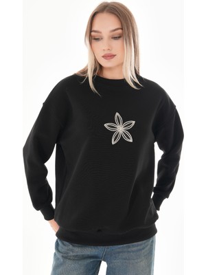 Pulli Collection Taş Çiçek Detaylı Siyah Sweatshirt