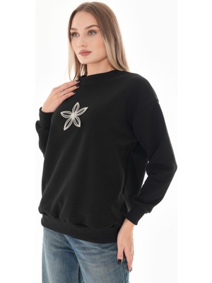 Pulli Collection Taş Çiçek Detaylı Siyah Sweatshirt