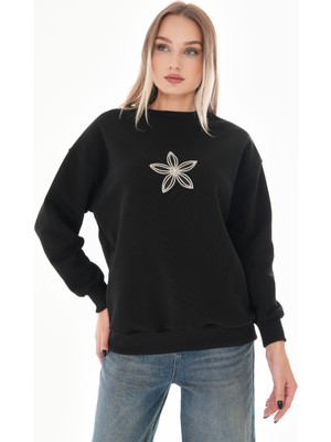 Pulli Collection Taş Çiçek Detaylı Siyah Sweatshirt