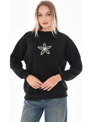 Pulli Collection Taş Çiçek Detaylı Siyah Sweatshirt