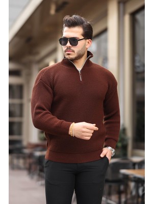 Oversize Selanik Örgü Yarım Fermuar Erkek Triko Kazak - Kahve