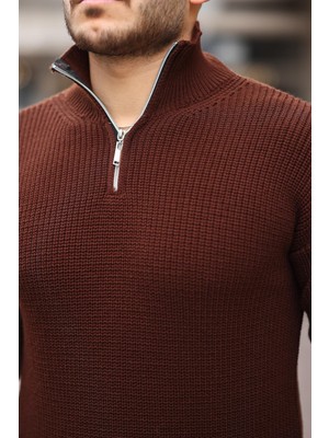 Oversize Selanik Örgü Yarım Fermuar Erkek Triko Kazak - Kahve