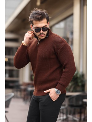 Oversize Selanik Örgü Yarım Fermuar Erkek Triko Kazak - Kahve