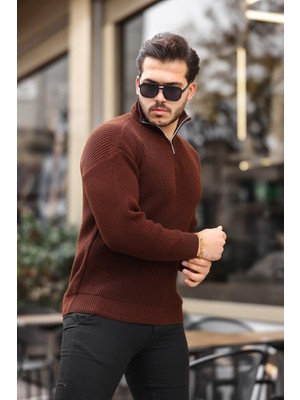 Oversize Selanik Örgü Yarım Fermuar Erkek Triko Kazak - Kahve