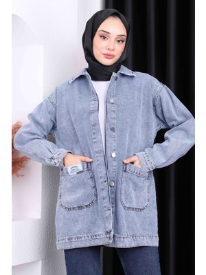 İmaj Butik Kadın Mavi Cepli Düğmeli Kot Ceket Dokuma Kumaş ile Şık ve Rahat Sezon Trendi