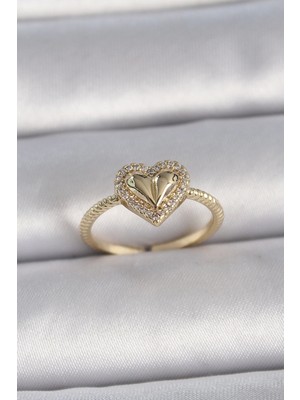 Clariss Pirinç Gold Renk Ayarlanabilir Zirkon Taşlı Kalp Model Kadın Yüzük