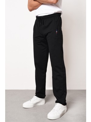 Mmetalic Siyah Erkek Fermuar Cep Nakış Detaylı Düz Paça Rahat Kesim Eşofman Altı