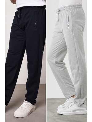 Mmetalic Metalıc Lacivert-Gri Erkek Fermuar Cep Nakış Detaylı Düz Paça Rahat Kesim 2'li Eşofman Altı Paketi