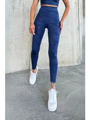 Toparlayıcı Etkili Lacivert Kamuflaj Deri Görünümlü Yüksek Bel Kadın