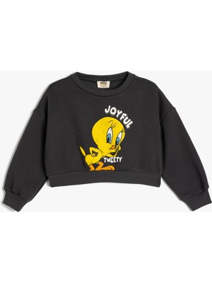 Koton Crop Sweatshirt Tweety Baskılı Lisanslı Şardonlu Uzun Kollu