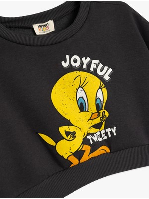 Koton Crop Sweatshirt Tweety Baskılı Lisanslı Şardonlu Uzun Kollu