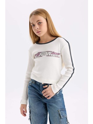 DeFacto Kız Çocuk Slim Fit Dar Kesim Bisiklet Yaka Baskılı Fitilli Kaşkorse Uzun Kollu Tişört D6993A824WN