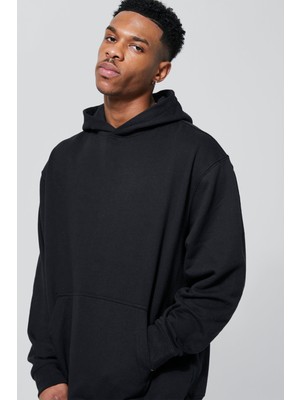 Siyah  Kanguru Cepli Kapüşonlu Oversize Sweatshirt