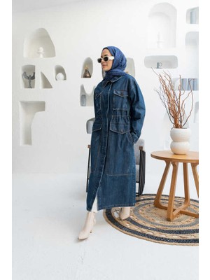 Neways Koyu Mavi Büyük Cepli Ceket Kadın Denim Kolsuz Standart Yaka ile Şık