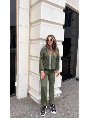 Veramall Kadın Uzun Kollu Kapşonlu Önü Fermuarlı Şerit Detay Viskon Iki Iplik Alt Üst Ikili Takım
