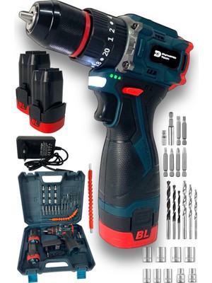 Dynamic Tech Kömürsüz Darbeli Şarjlı Matkap Lion Armut Batarya Metal Şanzıman Çift Akülü Vidalama Setli