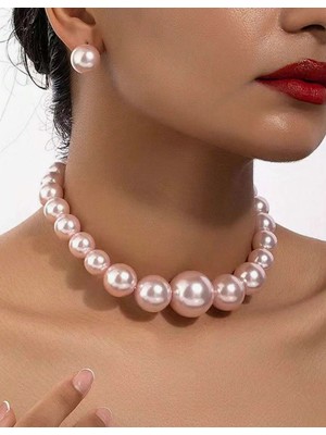 SE Jewellery Pembe Büyük Inci Choker Kolye Küpe Set