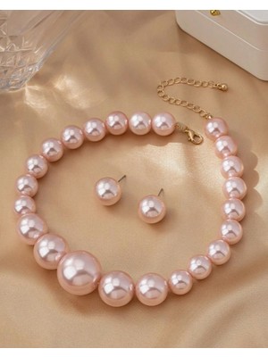 SE Jewellery Pembe Büyük Inci Choker Kolye Küpe Set