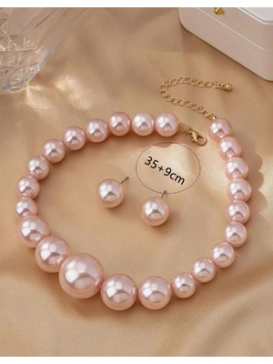 SE Jewellery Pembe Büyük Inci Choker Kolye Küpe Set