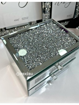 Pekibu Aynalı Mücevher Kutusu Swarovski Taşlı Çekmeceli Gümüş