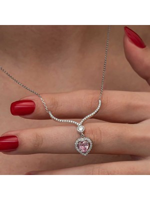 Usho Jewelry Gümüş Pembe Zirkon Taşlı Kalp Kadın Kolye