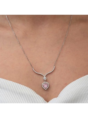 Usho Jewelry Gümüş Pembe Zirkon Taşlı Kalp Kadın Kolye