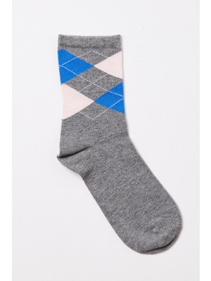 Çocuk Ekose Desenli  Soket Çorap Gri Melanj