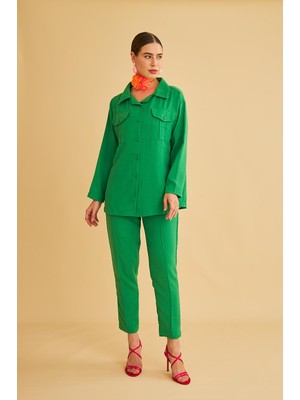 Raxy Cepli ve Nervürlü Keten Yeşil Gömlek Pantolon Takım