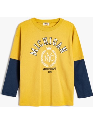 Koton Oversize Tişört Kolej Baskılı Uzun Kollu Bisiklet Yaka Pamuklu