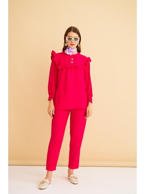 Porty Taş Işlemeli ve Fırfır Detaylı Fuşya Tunik Pantolon Takım