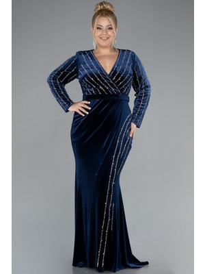 Abiyefon Taşlı Uzun Kol Kadife Büyük Beden Abiye ABU4277