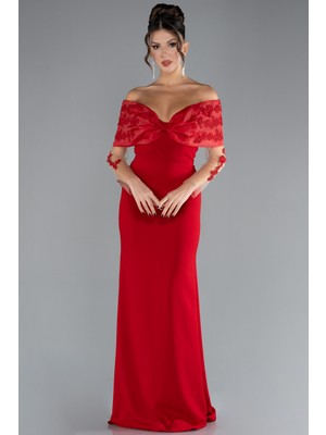 Abiyefon Güpürlü Kayık Yaka Uzun Kol Balık Abiye ABU4343