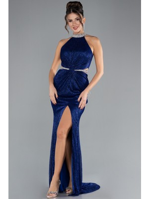 Halter Yaka Bacak Dekolteli Uzun Simli Abiye ABU4324