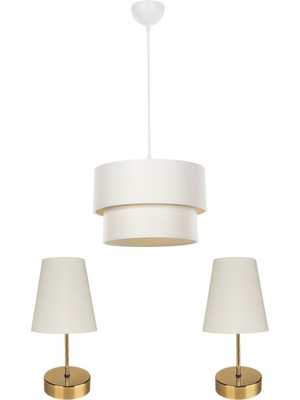 Mediterian Krem Renkli 3'lü Yatak Odası Aydınlatma Seti, Metal, Şapkalı Model