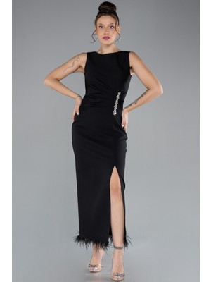 Kolsuz Yırtmaçlı Midi Davet Elbisesi ABK2169