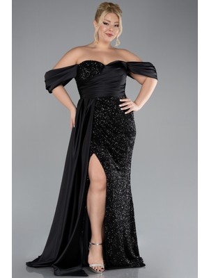 Kayık Yaka Yırtmaç Uzun Pullu Büyük Beden Abiye ABU4086